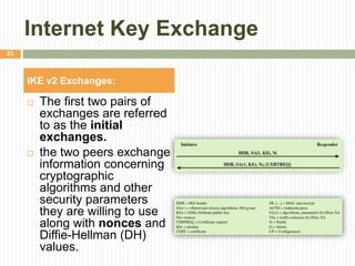 Internet Key Exchange
 The first two pairs of
exchanges are referred
to as the initial
exchanges.
 the two peers exchange
information concerning
cryptographic
algorithms and other
security parameters
they are willing to use
along with nonces and
Diffie-Hellman (DH)
values.
83
IKE v2 Exchanges:
 