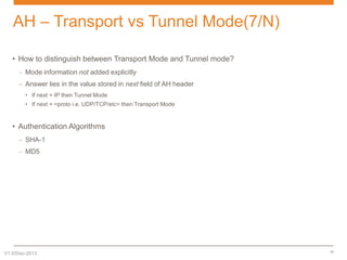 AH – Transport vs Tunnel Mode(7/N)
• How to distinguish between Transport Mode and Tunnel mode?
– Mode information not added explicitly
– Answer lies in the value stored in next field of AH header
• If next = IP then Tunnel Mode
• If next = <proto i.e. UDP/TCP/etc> then Transport Mode

• Authentication Algorithms
– SHA-1
– MD5

V1.0/Dec-2013

12

 