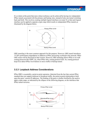 11
It is evident at this point that more robust resiliency can be achieved by having two independent
IPSec tunnels associated with the primary and backup sites, instead of only one tunnel switching
back and forth. This involves creating multiple logical interfaces on router X so that each logical
interface can be applied a separate crypto map which results in independent IPSec tunnels as
illustrated by the diagram below.
GRE tunneling is the most common approach for this purpose. However, GRE tunnel introduces
15-20% performance degradation in addition to IPSec processing overhead to the network. Other
GRE issues will be discussed in later section. However, GRE tunneling allows IPSec to tie with
routing protocols like OSPF. So, when IPSec fails, routing protocol fails. So, routing protocol
keep lives detect IPSec level failures to move traffic to backup tunnel.
3.3.3 Loopback Address Considerations
IPSec RBE is essentially a point-to-point operation. Inherited from the fact that current IPSec
standard does not support multicast or broadcast traffic, the point-to-point relationship is built
upon the peers’ unicast IP addresses. The binding of the peers is further fortified by the need to
apply crypto maps, as indicated by the ellipses in the following diagram, on the interfaces that
IPSec tunnel traverses.
11
X
A
B
Primary IPSec tunnel
Backup IPSec tunnel
XA
B Y
Primary IPSec tunnel
AlternativeIPSec tunnel
fa0/0 fa0/0
Backup IPSec tunnel
 