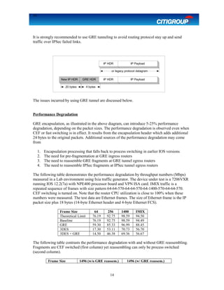 14
It is strongly recommended to use GRE tunneling to avoid routing protocol stay up and send
traffic over IPSec failed links.
The issues incurred by using GRE tunnel are discussed below.
Performance Degradation
GRE encapsulation, as illustrated in the above diagram, can introduce 5-25% performance
degradation, depending on the packet sizes. The performance degradation is observed even when
CEF or fast switching is in effect. It results from the encapsulation header which adds additional
24 bytes to the original packets. Additional sources of the performance degradation may come
from
1. Encapsulation processing that falls back to process switching in earlier IOS versions
2. The need for pre-fragmentation at GRE ingress routers
3. The need to reassemble GRE fragments at GRE tunnel egress routers
4. The need to reassemble IPSec fragments at IPSec tunnel egress routers
The following table demonstrates the performance degradation by throughput numbers (Mbps)
measured in a Lab environment using Ixia traffic generator. The device under test is a 7206VXR
running IOS 12.2(7a) with NPE400 processor board and VPN ISA card. IMIX traffic is a
repeated sequence of frames with size pattern 64-64-570-64-64-570-64-1400-570-64-64-570.
CEF switching is turned on. Note that the router CPU utilization is close to 100% when these
numbers were measured. The test data are Ethernet frames. The size of Ethernet frame is the IP
packet size plus 18 bytes (14-byte Ethernet header and 4-byte Ethernet FCS).
Frame Size 64 256 1400 IMIX
Theoretical Limit 76.19 92.75 98.59 94.50
Baseline 76.19 92.75 98.59 94.49
GRE 59.30 85.33 96.99 88.45
3DES 17.30 53.11 70.73 56.70
3DES + GRE 14.50 46.38 69.36 56.67
The following table contrasts the performance degradation with and without GRE reassembling.
Fragments are CEF switched (first column) yet reassembling can only be process switched
(second column).
Frame Size 1496 (w/o GRE reassem.) 1496 (w/ GRE reassem.)
14
New IP HDR GRE HDR IP HDR IP Payload
20 bytes 4 bytes
IP HDR IP Payload
or legacy protocol datagram
 