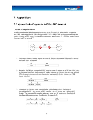38
7 Appendices
7.1 Appendix A – Fragments in IPSec RBE Network
Cisco’s GRE Implementation
In order to understand why fragmentation occurs in the first place, it is interesting to examine
how GRE (more specifically, GRE-IP) tunnels [RFC1701, RFC2784] are implemented on Cisco
routers. Assume a GRE tunnel is created between router A and router. A 1500-byte packet is sent
from network X to network Y.
1. Arriving at the GRE tunnel ingress at router A, the packet contains 20 bytes of IP header
and 1480 bytes of payload.
2. Knowing the 24-byte overhead of GRE tunnels, router A assigns an MTU size 1476 bytes
to the tunnel interface. Analogous to IP packet entering an Ethernet interface, the original
1500-byte packet needs to be pre-fragmented appropriately before it enters the GRE
tunnel interface.
3. Analogous to Ethernet frame encapsulation, each of these two IP fragments is
encapsulated with a new header, which contains a new IP header and a 4-byte GRE
header. The source and destination addresses in the new IP headers are the physical
interface addresses on router A and router B, respectively
38
payloadIP hdr
20 1480
payloadfrag. IP hdr
20 1456
frag. IP hdr payload
20 24
payloadfrag. IP hdr
20 1456
frag. IP hdr payload
20 24
tunnel IP hdr
tunnel IP hdr GRE
GRE
20
20 4
4
Network
Y
A B
Network
X
GRE
tunnel
 