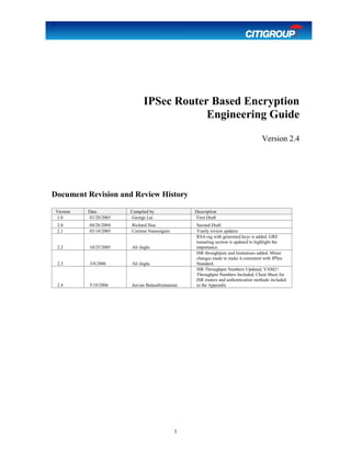 1
IPSec Router Based Encryption
Engineering Guide
Version 2.4
Document Revision and Review History
Version Date Compiled by Description
1.0 01/20/2003 George Lai First Draft
2.0 04/26/2004 Richard Hou Second Draft
2.1 03/10/2005 Corinne Narassiguin Yearly review updates
2.2 10/25/2005 Ali iloglu
RSA-sig with generated keys is added. GRE
tunneling section is updated to highlight the
importance.
2.3 3/8/2006 Ali iloglu
ISR throughputs and limitations added. Minor
changes made to make it consistent with IPSec
Standard.
2.4 5/10/2006 Jeevan Balasubramanian
ISR Throughput Numbers Updated, VAM2+
Throughput Numbers Included, Cheat Sheet for
ISR routers and authentication methods included
in the Appendix
1
 