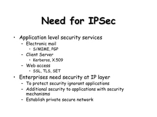 Need for IPSec Application level security services Electronic mail S/MIME, PGP Client Server Kerberos, X.509 Web access SSL, TLS, SET Enterprises need security at IP layer To protect security ignorant applications Additional security to applications with security mechanisms Establish private secure network 