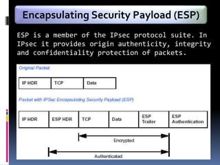 ESP is a member of the IPsec protocol suite. In
IPsec it provides origin authenticity, integrity
and confidentiality protection of packets.
Encapsulating Security Payload (ESP)
 