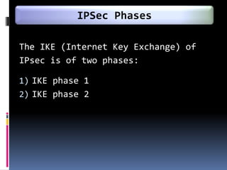 The IKE (Internet Key Exchange) of
IPsec is of two phases:
1) IKE phase 1
2) IKE phase 2
IPSec Phases
 