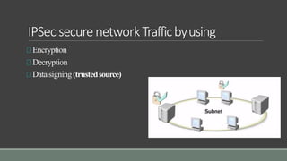 IPSec securenetworkTrafficbyusing
Encryption
Decryption
Data signing(trustedsource)
 