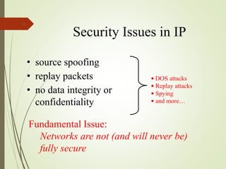 Security Issues in IP
• source spoofing
• replay packets
• no data integrity or
confidentiality
3
• DOS attacks
• Replay attacks
• Spying
• and more…
Fundamental Issue:
Networks are not (and will never be)
fully secure
 