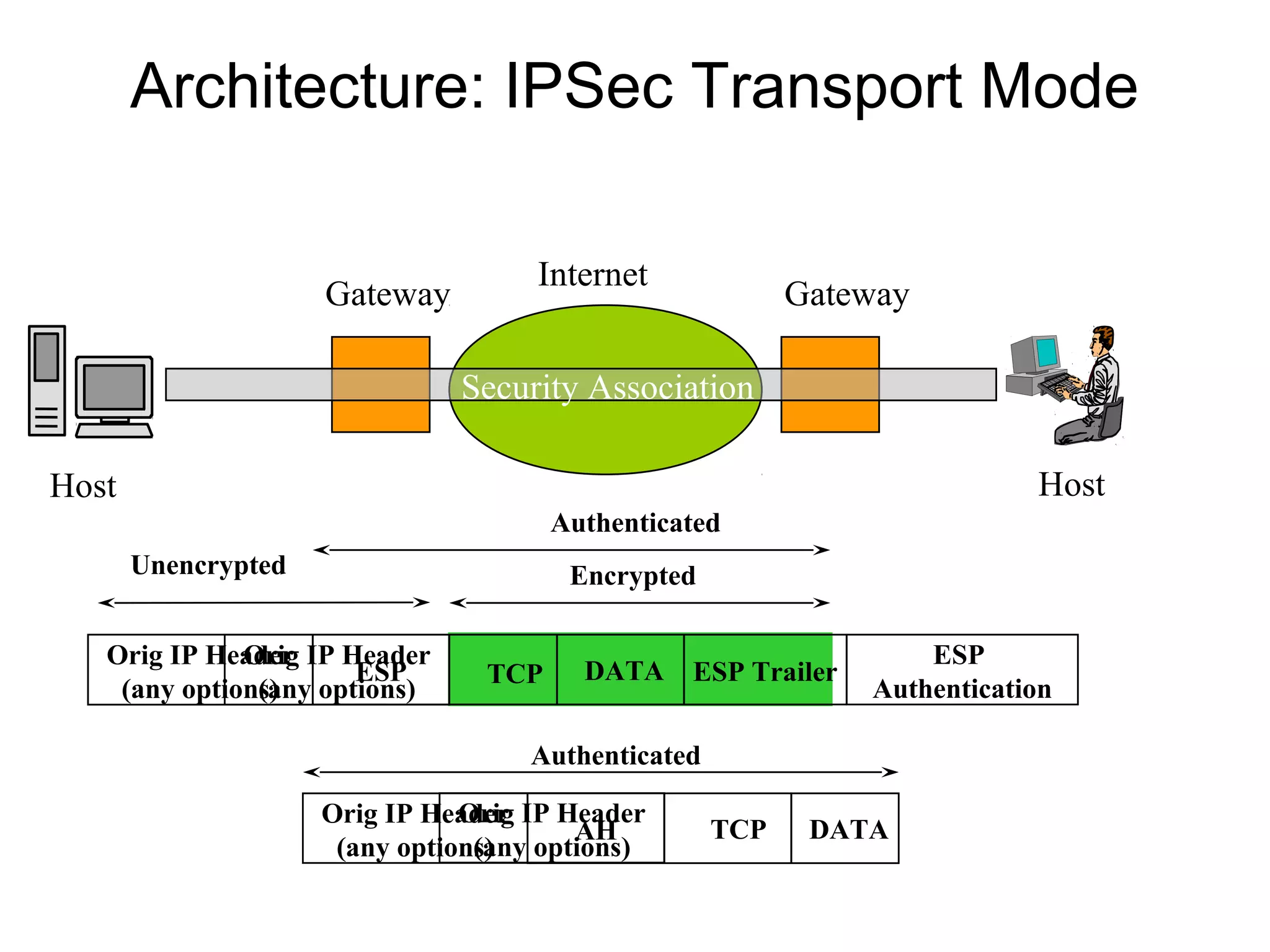 Architecture: IPSec Transport Mode

                                     Internet
                     Gateway                              Gateway

                               Security Association

Host                                                                       Host
                                       Authenticated
       Unencrypted                      Encrypted

   Orig IP Header IP Header
              Orig                                                 ESP
                      ESP        TCP     DATA    ESP Trailer
    (any options) options)
               (any                                            Authentication

                                    Authenticated

                     Orig IP Header IP Header
                                Orig
                                        AH          TCP    DATA
                      (any options) options)
                                 (any
 