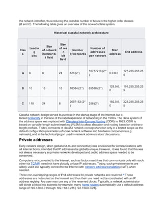 the network identifier, thus reducing the possible number of hosts in the higher order classes
(B and C). The following table gives an overview of this now-obsolete system.
Historical classful network architecture
Clas
s
Leadin
g
bits
Size
of network
number bi
t field
Size
of res
t
bit
field
Number
of networks
Number of
addresses
per network
Start
address
End address
A 0 8 24 128 (27
)
16777216 (224
)
0.0.0.0
127.255.255.25
5
B 10 16 16 16384 (214
) 65536 (216
)
128.0.0.
0
191.255.255.25
5
C 110 24 8
2097152 (221
)
256 (28
)
192.0.0.
0
223.255.255.25
5
Classful network design served its purpose in the startup stage of the Internet, but it
lacked scalability in the face of the rapid expansion of networking in the 1990s. The class system of
the address space was replaced with Classless Inter-Domain Routing (CIDR) in 1993. CIDR is
based on variable-length subnet masking (VLSM) to allow allocation and routing based on arbitrary-
length prefixes. Today, remnants of classful network concepts function only in a limited scope as the
default configuration parameters of some network software and hardware components (e.g.
netmask), and in the technical jargon used in network administrators' discussions.
Private addresses
Early network design, when global end-to-end connectivity was envisioned for communications with
all Internet hosts, intended that IP addresses be globally unique. However, it was found that this was
not always necessary as private networks developed and public address space needed to be
conserved.
Computers not connected to the Internet, such as factory machines that communicate only with each
other via TCP/IP, need not have globally unique IP addresses. Today, such private networks are
widely used and typically connect to the Internet with network address translation (NAT), when
needed.
Three non-overlapping ranges of IPv4 addresses for private networks are reserved.[8]
These
addresses are not routed on the Internet and thus their use need not be coordinated with an IP
address registry. Any user may use any of the reserved blocks. Typically, a network administrator
will divide a block into subnets; for example, many home routers automatically use a default address
range of 192.168.0.0 through 192.168.0.255 (192.168.0.0/24).
 