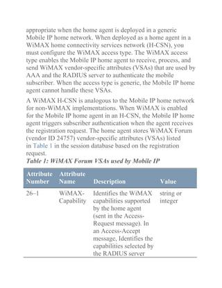 appropriate when the home agent is deployed in a generic
Mobile IP home network. When deployed as a home agent in a
WiMAX home connectivity services network (H-CSN), you
must configure the WiMAX access type. The WiMAX access
type enables the Mobile IP home agent to receive, process, and
send WiMAX vendor-specific attributes (VSAs) that are used by
AAA and the RADIUS server to authenticate the mobile
subscriber. When the access type is generic, the Mobile IP home
agent cannot handle these VSAs.
A WiMAX H-CSN is analogous to the Mobile IP home network
for non-WiMAX implementations. When WiMAX is enabled
for the Mobile IP home agent in an H-CSN, the Mobile IP home
agent triggers subscriber authentication when the agent receives
the registration request. The home agent stores WiMAX Forum
(vendor ID 24757) vendor-specific attributes (VSAs) listed
in Table 1 in the session database based on the registration
request.
Table 1: WiMAX Forum VSAs used by Mobile IP
Attribute
Number
Attribute
Name Description Value
26–1 WiMAX-
Capability
Identifies the WiMAX
capabilities supported
by the home agent
(sent in the Access-
Request message). In
an Access-Accept
message, Identifies the
capabilities selected by
the RADIUS server
string or
integer
 
