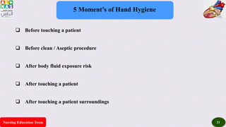 Nursing Education Team 21
5 Moment’s of Hand Hygiene
 Before touching a patient
 Before clean / Aseptic procedure
 After body fluid exposure risk
 After touching a patient
 After touching a patient surroundings
 