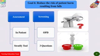 Nursing Education Team 23
Goal 6: Reduce the risk of patient harm
resulting from falls
Assessment
In Patient
Stratify Tool
Screening
OPD
3 Questions
 