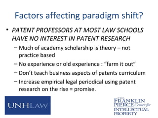 Factors affecting paradigm shift?
• PATENT PROFESSORS AT MOST LAW SCHOOLS
HAVE NO INTEREST IN PATENT RESEARCH
– Much of academy scholarship is theory – not
practice based
– No experience or old experience : “farm it out”
– Don’t teach business aspects of patents curriculum
– Increase empirical legal periodical using patent
research on the rise = promise.
 