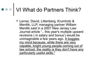 VI What do Partners Think?
 Lerner, David, Littenberg, Krumholz &
Mentlik, LLP, managing partner William
Mentlik said in a 2007 New Jersey Law
Journal article “.. this year's multiple upward
revisions ( in salary and bonus’) would be
unimaginable a few years ago. It boggles
my mind because, while there are very
capable, bright young people coming out of
law school, the reality is they don't have any
particularly useful skills."
 