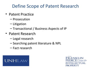 Define Scope of Patent Research
• Patent Practice
– Prosecution
– Litigation
– Transactional / Business Aspects of IP
• Patent Research
– Legal research
– Searching patent literature & NPL
– Fact research
 