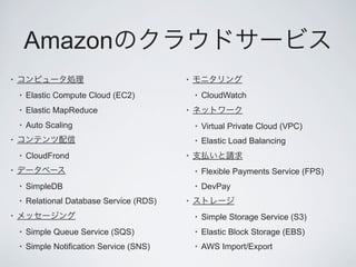 Amazon
•                                           •

    •   Elastic Compute Cloud (EC2)             •   CloudWatch
    •   Elastic MapReduce                   •

    •   Auto Scaling                            •   Virtual Private Cloud (VPC)
•                                               •   Elastic Load Balancing
    •   CloudFrond                          •

•                                               •   Flexible Payments Service (FPS)
    •   SimpleDB                                •   DevPay
    •   Relational Database Service (RDS)   •

•                                               •   Simple Storage Service (S3)
    •   Simple Queue Service (SQS)              •   Elastic Block Storage (EBS)
    •   Simple Notification Service (SNS)       •   AWS Import/Export
 