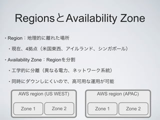 Regions Availability Zone
•   Region

    •        4

•   Availability Zone Region

    •

    •


        AWS region (US WEST)    AWS region (APAC)


         Zone 1        Zone 2   Zone 1     Zone 2
 