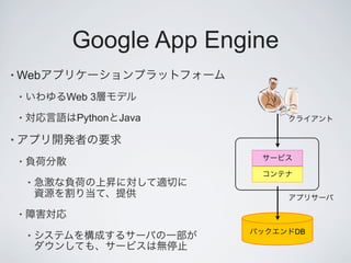 Google App Engine
• Web

    •       Web 3
    •        Python   Java

•

    •

        •


    •

                                DB
        •
 