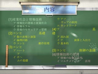 内容
(1)産業社会と情報技術
ア 情報化の進展と産業社会
イ 情報モラル
ウ 情報のセキュリティ管理
(2)コンピュータの基礎
ア 数の表現と演算
イ 論理回路
ウ コンピュータの動作原理
(3)コンピュータシステム
ア ハードウェアとソフトウェア
イ オペレーティングシステムの
基礎
ウ アプリケーションソフトウェ
アの利用
エ ネットワーク
(4)プログラミングの基礎
ア 流れ図
イ データの演算と入出力
ウ 基本的なプログラミング
(5)コンピュータ制御の基礎
(6)情報技術の活用
ア 情報の収集と活用
イ マルチメディアの活用
 