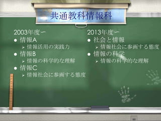 共通教科情報科
2003年度〜
 情報A
 情報活用の実践力
 情報B
 情報の科学的な理解
 情報C
 情報社会に参画する態度
2013年度〜
 社会と情報
 情報社会に参画する態度
 情報の科学
 情報の科学的な理解
 