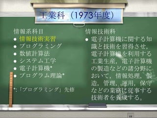 工業科（1973年度）
情報系科目
 情報技術実習
 プログラミング
 数値計算法
 システム工学
 電子計算機*
 プログラム理論*
*:「プログラミング」先修
情報技術科
 電子計算機に関する知
識と技術を習得させ，
電子計算機を利用する
工業生産，電子計算機
の製造などの諸分野に
おいて，情報処理，製
造，管理，運用，保守
などの業務に従事する
技術者を養成する。
 