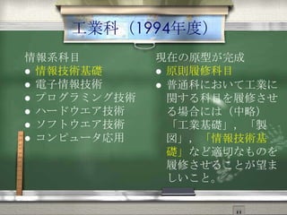 工業科（1994年度）
情報系科目
 情報技術基礎
 電子情報技術
 プログラミング技術
 ハードウエア技術
 ソフトウエア技術
 コンピュータ応用
現在の原型が完成
 原則履修科目
 普通科において工業に
関する科目を履修させ
る場合には（中略）
「工業基礎」，「製
図」，「情報技術基
礎」など適切なものを
履修させることが望ま
しいこと。
 