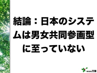 株式会社万葉
結論：日本のシステ
ムは男女共同参画型
に至っていない
 
