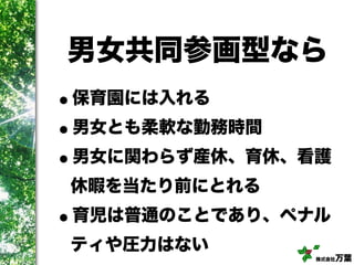 株式会社万葉
男女共同参画型なら
•保育園には入れる
•男女とも柔軟な勤務時間
•男女に関わらず産休、育休、看護
休暇を当たり前にとれる
•育児は普通のことであり、ペナル
ティや圧力はない
 