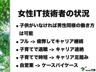 株式会社万葉
女性IT技術者の状況
•子供がいなければ男性同様の働き方
は可能
•フル -> 疲弊してキャリア継続
•子育てで退職 -> キャリア途絶
•子育てで時短 -> キャリア足踏み
•自営業 -> ケースバイケース
 