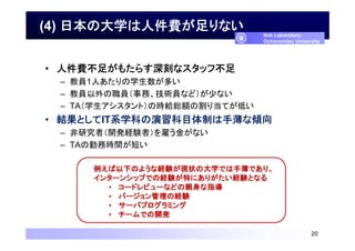 (4) 日本の大学は人件費が足りない
• 人件費不足がもたらす深刻なスタッフ不足
– 教員1人あたりの学生数が多い
– 教員以外の職員（事務、技術員など）が少ない
– TA（学生アシスタント）の時給総額の割り当てが低い
• 結果としてIT系学科の演習科目体制は手薄な傾向
– 非研究者（開発経験者）を雇う金がない
– TAの勤務時間が短い
20
Itoh Laboratory,
Ochanomizu University
例えば以下のような経験が現状の大学では手薄であり、
インターンシップでの経験が特にありがたい経験となる
• コードレビューなどの親身な指導
• バージョン管理の経験
• サーバプログラミング
• チームでの開発
 