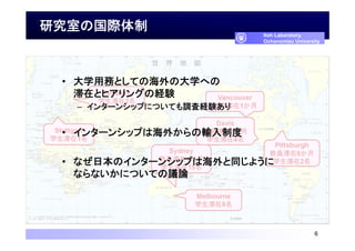 研究室の国際体制
6
Tampere
学生滞在2名
Stuttgart
学生滞在1名
Davis
教員滞在2か月
学生滞在4名
Pittsburgh
教員滞在6か月
学生滞在2名
Sydney
教員滞在1か月
学生滞在15名
Melbourne
学生滞在8名
Itoh Laboratory,
Ochanomizu University
Vancouver
教員滞在1か月
• 大学用務としての海外の大学への
滞在とヒアリングの経験
– インターンシップについても調査経験あり
• インターンシップは海外からの輸入制度
• なぜ日本のインターンシップは海外と同じように
ならないかについての議論
 