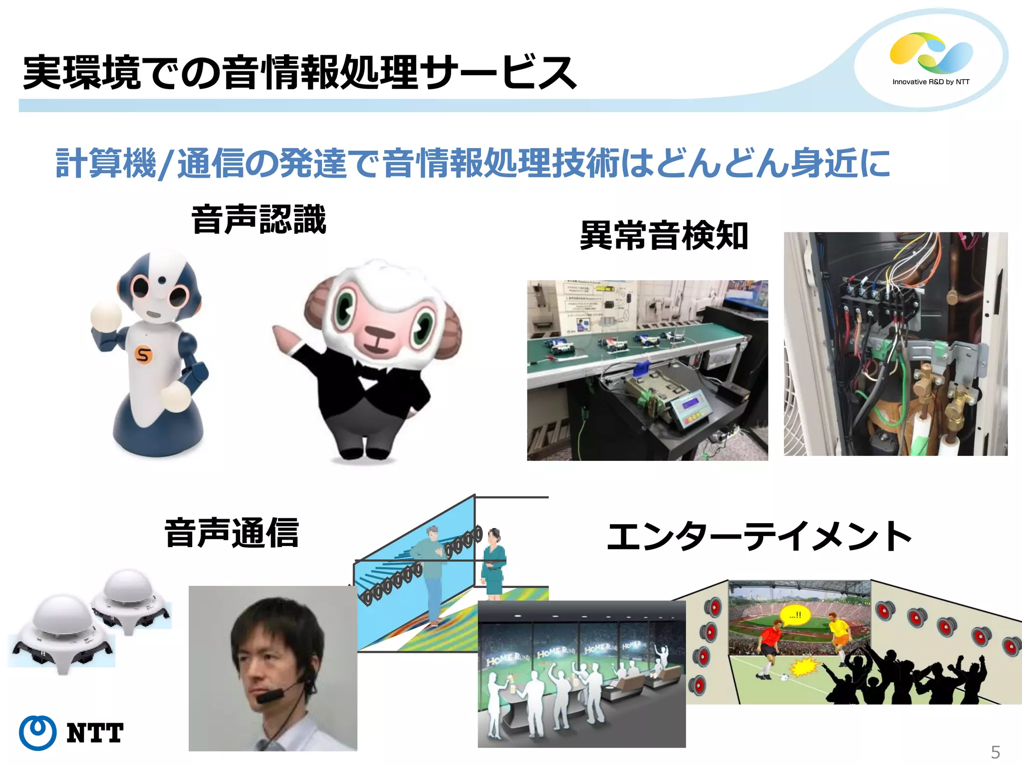 Copyright©2018 NTT corp. All Rights Reserved. 5
実環境での音情報処理サービス
計算機/通信の発達で音情報処理技術はどんどん身近に
音声認識
エンターテイメント
異常音検知
音声通信
5
 