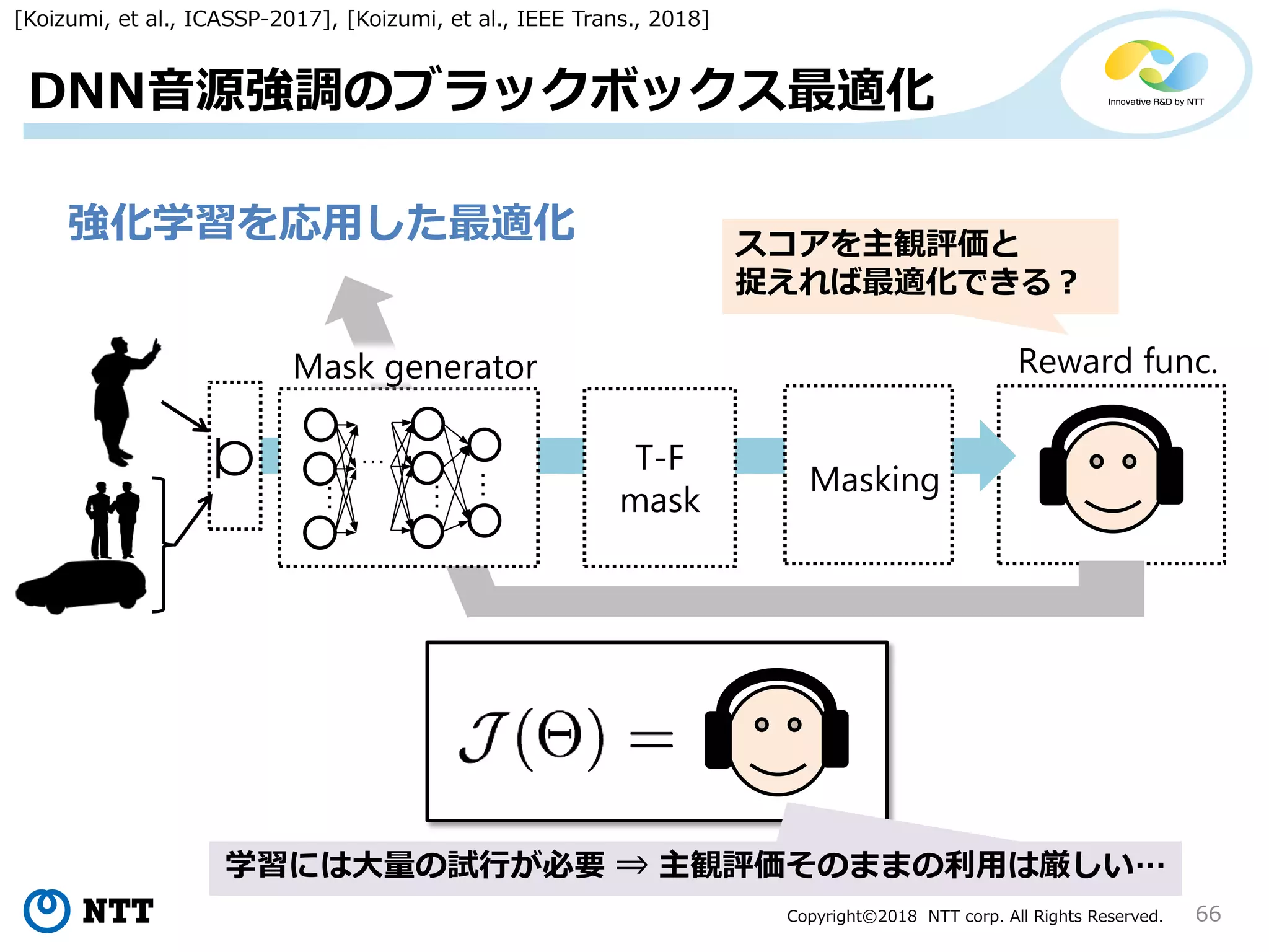 Copyright©2018 NTT corp. All Rights Reserved. 66
DNN音源強調のブラックボックス最適化
強化学習を応用した最適化
Reward func.Mask generator
T-F
mask
Masking
…
…
…
…
スコアを主観評価と
捉えれば最適化できる？
学習には大量の試行が必要 ⇒ 主観評価そのままの利用は厳しい…
[Koizumi, et al., ICASSP-2017], [Koizumi, et al., IEEE Trans., 2018]
 
