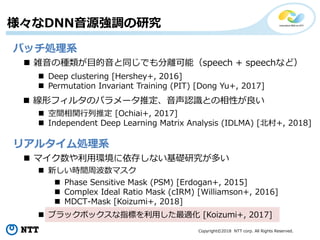 Copyright?2018 NTT corp. All Rights Reserved.
DNNԴ{о
ХåIϵ
ꥢ륿Iϵ
? Deep clustering [Hershey+, 2016]
? Permutation Invariant Training (PIT) [Dong Yu+, 2017]
? jηNĿͬǤxܣspeech + speechʤɣ
? Υե륿Υѥ`ƶJRȤԤ
? gvƶ [Ochiai+, 2017]
? Independent Deep Learning Matrix Analysis (IDLMA) [+, 2018]
? ޥíh椷ʤAоत
? ¤rgܲޥ
? ֥åܥåָˤäm [Koizumi+, 2017]
? Phase Sensitive Mask (PSM) [Erdogan+, 2015]
? Complex Ideal Ratio Mask (cIRM) [Williamson+, 2016]
? MDCT-Mask [Koizumi+, 2018]
 
