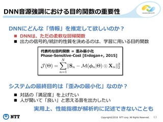 Copyright?2018 NTT corp. All Rights Reserved. 63
DNNԴ{ˤĿvҪ
DNNˤɤʡ󡹤ƶΤ
? DNNϡܛʻ؎v
? źŵ/yӋ|QΤϡѧäĿv
ƥKĿĤϡߤСʤΤ
ĤĿv  С
Phase-Sensitive-Cost [Erdogan+, 2015]
? ԒΡȡϤ
? ˤơ˼
gϡָˤĤӛǤʤȤ
 