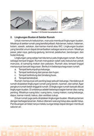 7Lingkungan Alam dan Buatan di Sekitar Rumah dan Sekolah
2. Lingkungan Buatan di Sekitar Rumah
Untuk memenuhi kebutuhan, manusia membuat lingkungan buatan.
Misalnyadisekitarrumahyangbersifatpribadi.Adataman,kebun,halaman,
kolam, sawah, selokan, dan kamar mandi atau WC. Lingkungan buatan
yang bersifat umum dapat dimanfaatkan sebagai sarana umum. Misalnya
pasar, jalan raya, gedung-gedung, terminal, pelabuhan, bendungan, dan
hutan lindung.
Lingkungan yang setiap hari kita temui yaitu lingkungan rumah. Rumah
sebagai tempat tinggal. Rumah merupakan salah satu kebutuhan pokok
manusia, di samping makan dan pakaian. Rumah atau tempat tinggal
mempunyai banyak kegunaan. Berikut ini beberapa kegunaan rumah.
a. Tempat berkumpulnya keluarga.
b. Tempat berlindung dari panas dan hujan.
c. Tempat berlindung dari binatang buas.
d. Tempat beristirahat.
Rumah mempunyai arti penting bagi sebuah keluarga. Hendaknya di
rumah diciptakan lingkungan rumah yang bersih, nyaman, dan sehat.Agar
penghunirumahbetahtinggaldirumah.Dilingkunganrumahbanyakdibuat
lingkunganbuatan.Diantaranyaadalahbeberapabagiankamaratauruang
penting. Misalnya ruang tidur, ruang tamu, ruang makan, ruang keluarga,
dapur, kamar mandi, kakus, dan ventilasi cukup.
Di luar rumah juga perlu diciptakan lingkungan buatan. Misalnya taman
denganberbagaitanaman.Kebunditanamiwarunghidupatauapotikhidup.
Pembuangan air tidak hanya melalui sungai tetapi dapat dengan membuat
saluran air.
Gambar 1.12 Contoh kenampakan alam
 