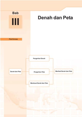 Denah dan Peta
Peta Konsep
Bab
III
Denah dan Peta Pengertian Peta
Membuat Denah dan Peta
Pengertian Denah
Manfaat Denah dan Peta
 