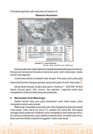 32 Ilmu Pengetahuan Sosial SD Kelas 3
Perhatikan gambar peta Indonesia di bawah ini!
Wawasan Nusantara
Sebuahpetaakandapatdipahamiapabilaterdapatbeberapakomponen.
Komponen-komponen tersebut antara lain judul, arah mata angin, skala,
simbol, dan legenda.
Judul biasa ditulis di sebelah atas tengah. Penunjuk arah pada peta
biasa dicantumkan dengan gambar yang menunjuk ke arah utara yaitu .
Skala ditulis dengan angka atau garis, misalnya 1 : 200.000. Simbol
dapat berupa garis, titik, warna, dan gambar. Legenda pada peta
menjelaskan simbol-simbol yang ada pada peta.
2. MenentukanArah MataAngin
Dalam denah atau pun peta diperlukan arah mata angin untuk
mengetahui arah suatu tempat.
Mataanginmerupakanpenunjukarah.Kitamengenalempatarahpokok
mata angin, yaitu utara (U), timur (T), selatan (S), barat (B). Kita dapat
menggunakan pedoman matahari untuk mengetahui arah barat dan timur.
Di mana pun kita berada, saat melihat matahari terbit, di situlah arah timur.
Saat sore hari ketika matahari tenggelam, itulah arah barat.
U
Gambar 3.3 Peta Indonesia
Sumber: Atlas Indonesia dan Sekitarnya
 