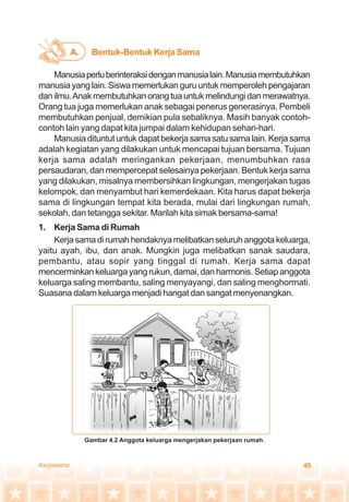 45Kerjasama
Manusiaperluberinteraksidenganmanusialain.Manusiamembutuhkan
manusia yang lain. Siswa memerlukan guru untuk memperoleh pengajaran
danilmu.Anakmembutuhkanorangtuauntukmelindungidanmerawatnya.
Orang tua juga memerlukan anak sebagai penerus generasinya. Pembeli
membutuhkan penjual, demikian pula sebaliknya. Masih banyak contoh-
contoh lain yang dapat kita jumpai dalam kehidupan sehari-hari.
Manusia dituntut untuk dapat bekerja sama satu sama lain. Kerja sama
adalah kegiatan yang dilakukan untuk mencapai tujuan bersama. Tujuan
kerja sama adalah meringankan pekerjaan, menumbuhkan rasa
persaudaran, dan mempercepat selesainya pekerjaan. Bentuk kerja sama
yang dilakukan, misalnya membersihkan lingkungan, mengerjakan tugas
kelompok, dan menyambut hari kemerdekaan. Kita harus dapat bekerja
sama di lingkungan tempat kita berada, mulai dari lingkungan rumah,
sekolah, dan tetangga sekitar. Marilah kita simak bersama-sama!
1. Kerja Sama di Rumah
Kerja sama di rumah hendaknya melibatkan seluruh anggota keluarga,
yaitu ayah, ibu, dan anak. Mungkin juga melibatkan sanak saudara,
pembantu, atau sopir yang tinggal di rumah. Kerja sama dapat
mencerminkan keluarga yang rukun, damai, dan harmonis. Setiap anggota
keluarga saling membantu, saling menyayangi, dan saling menghormati.
Suasana dalam keluarga menjadi hangat dan sangat menyenangkan.
Bentuk-Bentuk Kerja SamaA.
Gambar 4.2 Anggota keluarga mengerjakan pekerjaan rumah.
 