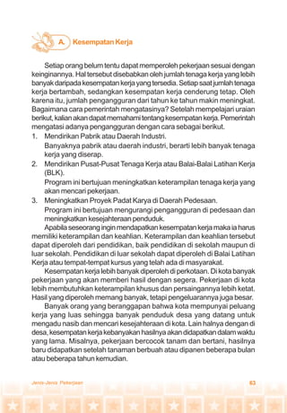 63Jenis-Jenis Pekerjaan
Setiap orang belum tentu dapat memperoleh pekerjaan sesuai dengan
keinginannya. Hal tersebut disebabkan oleh jumlah tenaga kerja yang lebih
banyakdaripadakesempatankerjayangtersedia.Setiapsaatjumlahtenaga
kerja bertambah, sedangkan kesempatan kerja cenderung tetap. Oleh
karena itu, jumlah pengangguran dari tahun ke tahun makin meningkat.
Bagaimana cara pemerintah mengatasinya? Setelah mempelajari uraian
berikut,kalianakandapatmemahamitentangkesempatankerja.Pemerintah
mengatasi adanya pengangguran dengan cara sebagai berikut.
1. Mendirikan Pabrik atau Daerah Industri.
Banyaknya pabrik atau daerah industri, berarti lebih banyak tenaga
kerja yang diserap.
2. Mendirikan Pusat-Pusat Tenaga Kerja atau Balai-Balai Latihan Kerja
(BLK).
Program ini bertujuan meningkatkan keterampilan tenaga kerja yang
akan mencari pekerjaan.
3. Meningkatkan Proyek Padat Karya di Daerah Pedesaan.
Program ini bertujuan mengurangi pengangguran di pedesaan dan
meningkatkankesejahteraanpenduduk.
Apabilaseseoranginginmendapatkankesempatankerjamakaiaharus
memiliki keterampilan dan keahlian. Keterampilan dan keahlian tersebut
dapat diperoleh dari pendidikan, baik pendidikan di sekolah maupun di
luar sekolah. Pendidikan di luar sekolah dapat diperoleh di Balai Latihan
Kerja atau tempat-tempat kursus yang telah ada di masyarakat.
Kesempatan kerja lebih banyak diperoleh di perkotaan. Di kota banyak
pekerjaan yang akan memberi hasil dengan segera. Pekerjaan di kota
lebih membutuhkan keterampilan khusus dan persaingannya lebih ketat.
Hasil yang diperoleh memang banyak, tetapi pengeluarannya juga besar.
Banyak orang yang beranggapan bahwa kota mempunyai peluang
kerja yang luas sehingga banyak penduduk desa yang datang untuk
mengadu nasib dan mencari kesejahteraan di kota. Lain halnya dengan di
desa,kesempatankerjakebanyakanhasilnyaakandidapatkandalamwaktu
yang lama. Misalnya, pekerjaan bercocok tanam dan bertani, hasilnya
baru didapatkan setelah tanaman berbuah atau dipanen beberapa bulan
atau beberapa tahun kemudian.
Kesempatan KerjaA.
 