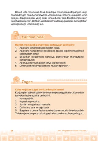 64 Ilmu Pengetahuan Sosial SD Kelas 3
Baik di kota maupun di desa, kita dapat menciptakan lapangan kerja
sendiri dengan cara berwiraswasta.Asalkan mau bekerja keras dan terus
belajar, dengan modal yang tidak terlalu besar kita dapat memperoleh
penghasilan sendiri. Bahkan, apabila berhasil kita juga dapat menciptakan
lapangan kerja untuk orang lain.
Marilah menjawab pertanyaan-pertanyaan berikut ini!
1. Apa yang dimaksud kesempatan kerja?
2. Apa yang harus dimiliki seseorang apabila ingin mendapatkan
kesempatankerja?
3. Sebutkan bagaimana caranya, pemerintah mengurangi
pengangguran!
4. Apa tujuan proyek padat karya di pedesaan?
5. Dimanakah kesempatan kerja mudah diperoleh?
Coba kerjakan tugas berikut dengan benar!
Kunjungilahsebuahpabrikdisekitartempattinggalkalian.Kemudian
tanyakan beberapa hal berikut ini.
1. Nama pabrik :
2. Kapasitas produksi:
3. Jumlah tenaga kerja manusia:
4. Dari mana asal tenaga kerja:
5. Bagaimanapemanfaatansumberdayamanusiadisekitarpabrik
Tuliskanjawabanpadabukutugaskaliandankumpulkanpadaguru.
 