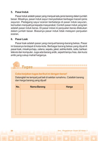 84 Ilmu Pengetahuan Sosial SD Kelas 3
5. Pasar Induk
Pasarindukadalahpasaryangmenjualsatujenisbarangdalamjumlah
besar. Misalnya, pasar induk sayur menyediakan berbagai macam jenis
sayuran. Pedagang sayur eceran berbelanja di pasar induk sayuran,
kemudian menjualnya kepada masyarakat. Contoh pasar induk yang lain
adalah pasar induk beras. Di pasar induk ini penjualan beras dilakukan
dalam jumlah besar. Biasanya pasar induk tidak melayani penjualan
eceran.
6. Pasar Loak
Pasar loak adalah pasar yang menjual barang-barang bekas. Pasar
ini biasanya terdapat di kota-kota. Berbagai barang bekas yang dijual di
pasar loak, misalnya baju, celana, sepatu, jaket, setrika listrik, radio, bahkan
televisi dan komputer. Juga ada barang antik, seperti lampu hias, dan kursi
antik yang cukup mahal harganya.
Coba kerjakan tugas berikut ini dengan benar!
Datanglah ke tempat jual beli di sekitar rumahmu. Catatlah barang
dan harga barang yang dijual!
No. Nama Barang Harga
 