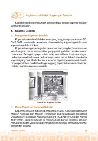 85Kegiatan Jual Beli
Kegiatan Jual Beli di Lingkungan SekolahC.
Kegiatan jual beli dilingkungan sekolah dapat berupa koperasi sekolah
dan kantin sekolah.
1. Koperasi Sekolah
a. Pengertian Koperasi Sekolah
Koperasi sekolah adalah koperasi yang anggotanya para siswa SD,
SMP, SMA, madrasah, pesantren, atau sekolah yang setingkat di mana
koperasi sekolah didirikan.
Koperasi sebagai perwujudan perekonomian yang berdasarkan asas
kekeluargaan merupakan sektor yang penting dalam perekonomian
Indonesia. Sebagai upaya untuk tetap memelihara kesinambungan
perkoperasian di Indonesia, perlu adanya usaha menciptakan kader-kader
koperasi yang baik. Kader koperasi tersebut dapat diperoleh melalui suatu
prosespendidikandanlatihanlangsungyangdapatdilaksanakandisekolah
melalui pendirian koperasi sekolah.
b. Dasar Pendirian Koperasi Sekolah
Koperasi sekolah didirikan berdasarkan Surat Keputusan Bersama
Menteri Koperasi dan Menteri Pendidikan dan Kebudayaan (sekarang
Departemen Pendidikan Nasional) Nomor 51/M/SKB/ III/1984 dan Nomor
158/P/1984. Surat keputusan ini menunjukkan bahwa koperasi sekolah
merupakanbadanyangcukuppentingdidirikansebagaisaranasiswauntuk
belajar dan bekerja.
Gambar 6.8 Koperasi sekolah
 