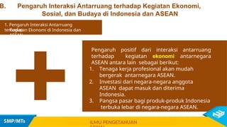 Pengaruh positif dari interaksi antarruang
terhadap kegiatan ekonomi antarnegara
ASEAN antara lain sebagai berikut:
1. Tenaga kerja profesional akan mudah
bergerak antarnegara ASEAN.
2. Investasi dari negara-negara anggota
ASEAN dapat masuk dan diterima
Indonesia.
3. Pangsa pasar bagi produk-produk Indonesia
terbuka lebar di negara-negara ASEAN.
+
1. Pengaruh Interaksi Antarruang
terhadap
ILMU PENGETAHUAN
Kegiatan Ekonomi di Indonesia dan
ASEAN
B. Pengaruh Interaksi Antarruang terhadap Kegiatan Ekonomi,
Sosial, dan Budaya di Indonesia dan ASEAN
 
