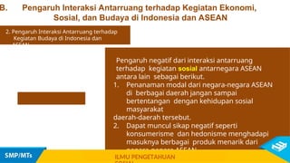 Pengaruh negatif dari interaksi antarruang
terhadap kegiatan sosial antarnegara ASEAN
antara lain sebagai berikut.
1. Penanaman modal dari negara-negara ASEAN
di berbagai daerah jangan sampai
bertentangan dengan kehidupan sosial
masyarakat
daerah-daerah tersebut.
2. Dapat muncul sikap negatif seperti
konsumerisme dan hedonisme menghadapi
masuknya berbagai produk menarik dari
negara-negara ASEAN.
B. Pengaruh Interaksi Antarruang terhadap Kegiatan Ekonomi,
Sosial, dan Budaya di Indonesia dan ASEAN
2. Pengaruh Interaksi Antarruang terhadap
Kegiatan Budaya di Indonesia dan
ASEAN
ILMU PENGETAHUAN
 