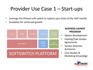 Provider Use Case 1 – Start-ups
• Leverage the IPsmarx soft-switch to capture your share of the VoIP market
• Scalability for continued growth
SOFTSWITCH PLATFORM
SIP TRUNKING
E-Store Billing Packaging
MULTI-
TENANT
IP PBX
Call Features
VOIP
TERMINATION
Least-Cost
Routing
BUSINESS LAUNCH
PROGRAM
• System Development
• Hosting/Colo Vendor
Agreements
• Vendor Selection
Assistance
• Case Studies &
Marketing Knowledge
 