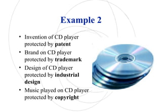 Example 2
• Invention of CD player
protected by patent
• Brand on CD player
protected by trademark
• Design of CD player
protected by industrial
design
• Music played on CD player
protected by copyright
 