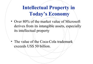 Intellectual Property in
Today’s Economy
• Over 80% of the market value of Microsoft
derives from its intangible assets, especially
its intellectual property
• The value of the Coca-Cola trademark
exceeds US$ 50 billion.
 