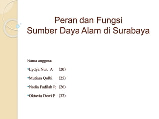 Peran dan Fungsi
Sumber Daya Alam di Surabaya
Nama anggota:
•Lydya Nur. A (20)
•Mutiara Qolbi (25)
•Nadia Fadilah R (26)
•Oktavia Dewi P (32)
 