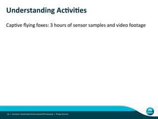 Understanding	
  Ac,vi,es	
  
CapUve	
  ﬂying	
  foxes:	
  3	
  hours	
  of	
  sensor	
  samples	
  and	
  video	
  footage	
  
Camazotz:	
  MulUmodal	
  AcUvity-­‐based	
  GPS	
  Sampling	
  	
  |	
  	
  Philipp	
  Sommer	
  18	
  	
  |	
  
 
